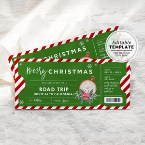 Modèle de cadeau de Noël de billet de road trip imprimable, cadeau de billet de road trip surprise, certificat-cadeau du Père Noël | MODÈLE MODIFIABLE #082 #093