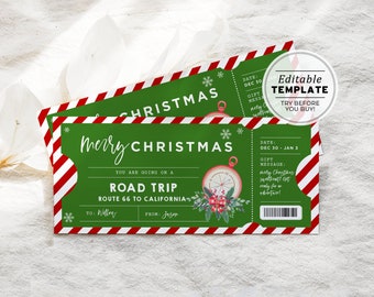 Printable Road Trip Ticket Christmas Gift Template, Surprise Road Trip Ticket Gift, Santa Gift Certificate | EDITABLE TEMPLATE #082 #093