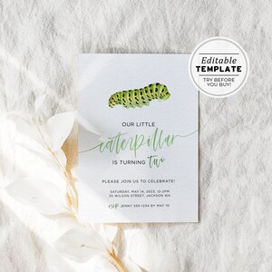 May include: A green and black caterpillar illustration on a light blue background with the text "Our little caterpillar is turning two". The text also includes the date, time, and location of the event. The text "RSVP Jenny 555-1234 by May 10" is also included.