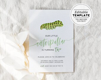 Minimalist Catepillar Themed Birthday Party Invite Template | EDITABLE TEMPLATE #074