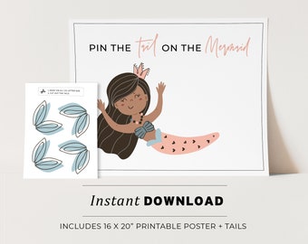 Kids Party Game, Pin the Tail on the Mermaid Printable Poster, Birthday Party Game, INSTANT DOWNLOAD