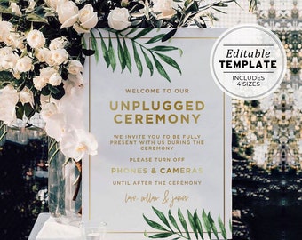 Kala Tropical Palm Leaf and Gold Unplugged Wedding Ceremony Sign, Printable EDITABLE TEMPLATE #006