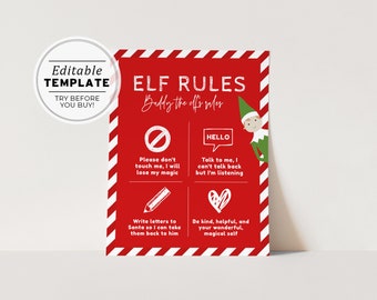 Elf Rules Sign, Christmas Elf Rules Sign, Printable | EDITABLE TEMPLATE Buddy #092