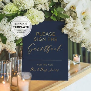 Classic Navy & Gold Please Sign Our Guestbook Wedding Sign, Wedding Guestbook Sign, Printable | EDITABLE TEMPLATE #012