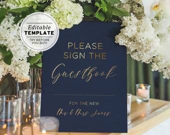 Classic Navy & Gold Please Sign Our Guestbook Wedding Sign, Wedding Guestbook Sign, Printable | EDITABLE TEMPLATE #012