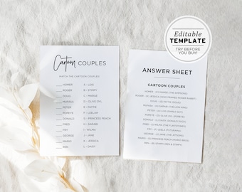 Cartoon Couples Bridal Shower, Wedding Shower Game, Hen's Party Game, Editable Template #004 JULIETTE