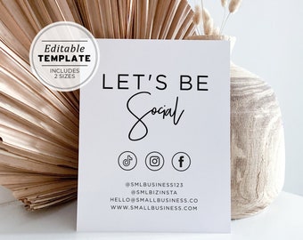 Juliette Minimalist Business Social Media Sign, Lets Be Social Sign, Small Business Printable | EDITABLE TEMPLATE #050 #043