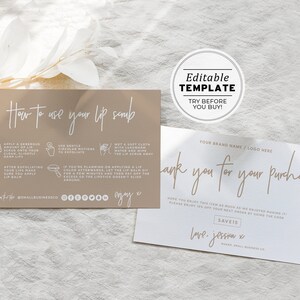 Nue Minimalist Lip Scrub Instructions Card, Editable AfterCare Card | PRINTABLE EDITABLE TEMPLATE #052 #043