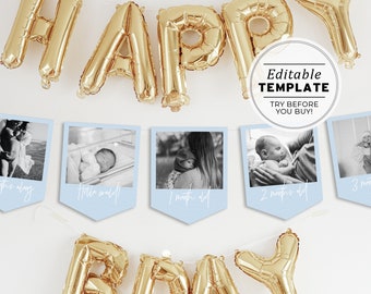 First Birthday Photo Banner Template, Baby's 1st Year Monthly Milestone Cards, Minimalist Photo Bunting, Editable Template #036 Powder Blue