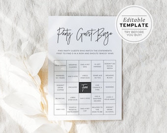 Juliette Party Guest Bingo Bridal Shower Game, Wedding Shower Game, Hen's Party Game, Bachelorette Party Game, Editable Template #004