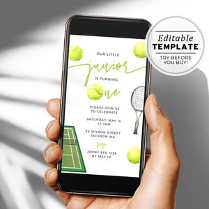 Invitation pour fête d'anniversaire sur le thème du tennis minimaliste | MODÈLE MODIFIABLE #107