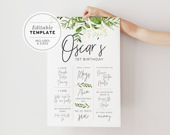 Watercolor Leaf First Birthday Milestone Poster | EDITABLE TEMPLATE