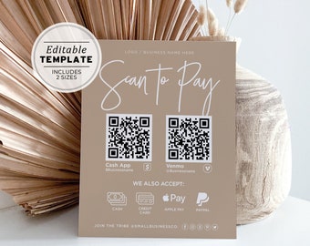 Payment Sign Template, Scan to Pay Sign, Scan to Pay Template, Cash App Sign, Printable Template #052 #043 Nue Minimalist