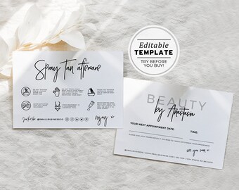 Juliette Minimalist Spray Tan Aftercare and Appointment Card, Editable AfterCare Card | EDITABLE TEMPLATE #050 #043