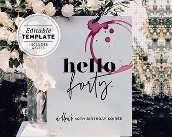 HELLO FORTY Red Wine 40th Birthday Party Welcome Sign, Printable Editable Template #066