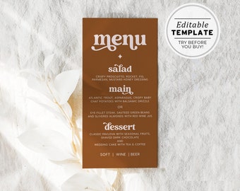 Mae Retro Menu Template, Minimalist Wedding Menu, Modern Wedding Menu, Bridal Shower Menu, Printable | EDITABLE TEMPLATE #096