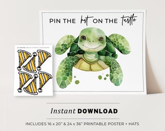 Pin the Party Hat on the Turtle Kids Party Game Printable Poster, Birthday Party Game, INSTANT DOWNLOAD