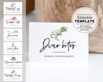 Dino Island Tented Buffet Dish Name Cards, Kids Party Food Cards | PRINTABLE EDITABLE TEMPLATE #046