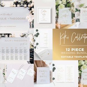 Kiki Gold Minimalist Wedding Signs Bundle, 12 Editable Wedding Templates, Printable Wedding Reception Signs, Wedding Reception Bundle #017