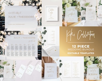Kiki Gold Minimalist Wedding Signs Bundle, 12 Editable Wedding Templates, Printable Wedding Reception Signs, Wedding Reception Bundle #017