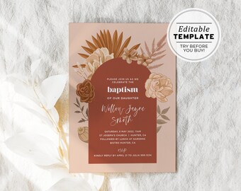 Desert Tan Baptism Christening Invitation, EDITABLE TEMPLATE, Printable #048