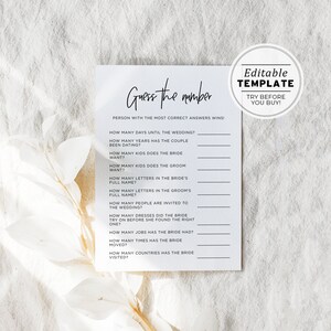 Guess the Number Bridal Shower, Wedding Shower Game, Hen&#39;s Party Game, Editable Template #004 JULIETTE