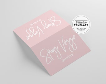 Blush Minimalist Tented Buffet Dish Name Cards with optional Dietary Icons | PRINTABLE EDITABLE TEMPLATE #035