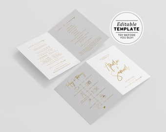 Juliette Gold Minimalist Wedding Program Template, Printable Editable #017