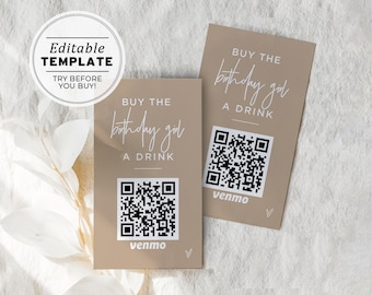 Buy the Birthday Girl a Drink Venmo Card, Paypal, QR Code, Cash App Card Template | EDITABLE TEMPLATE Nue Minimalist #038