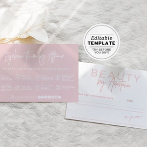 Eyebrow Threading Aftercare and Appointment Card, Aftercare Instructions | PRINTABLE EDITABLE TEMPLATE #051 #043 Blush Minimalist