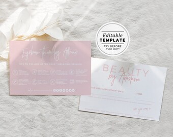 Eyebrow Threading Aftercare and Appointment Card, Aftercare Instructions | PRINTABLE EDITABLE TEMPLATE #051 #043 Blush Minimalist