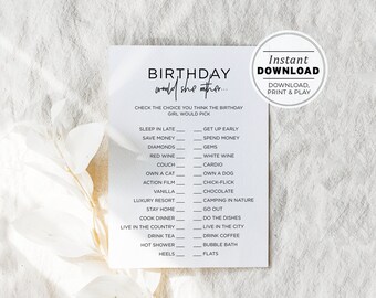 Would She Rather Birthday Party Game | INSTANT DOWNLOAD #004 Juliette Minimalist