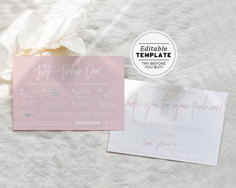 Blush Minimalist Bath Bomb Thank You, Care Instructions and Storage Care Card with Icons, Package Insert | EDITABLE TEMPLATE #051 #043