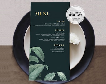 Mikala Tropical Watercolor Leaf Wedding Menu | EDITABLE TEMPLATE, Printable #065