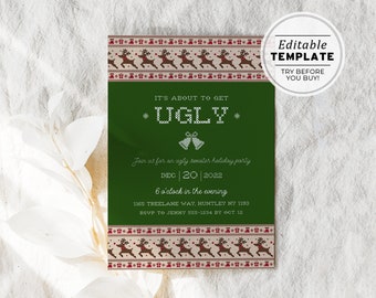 Ugly Sweater Holiday Party Invitation Template, Christmas Party Invitation, Editable Template, Holiday Invitation, Family Christmas Invite