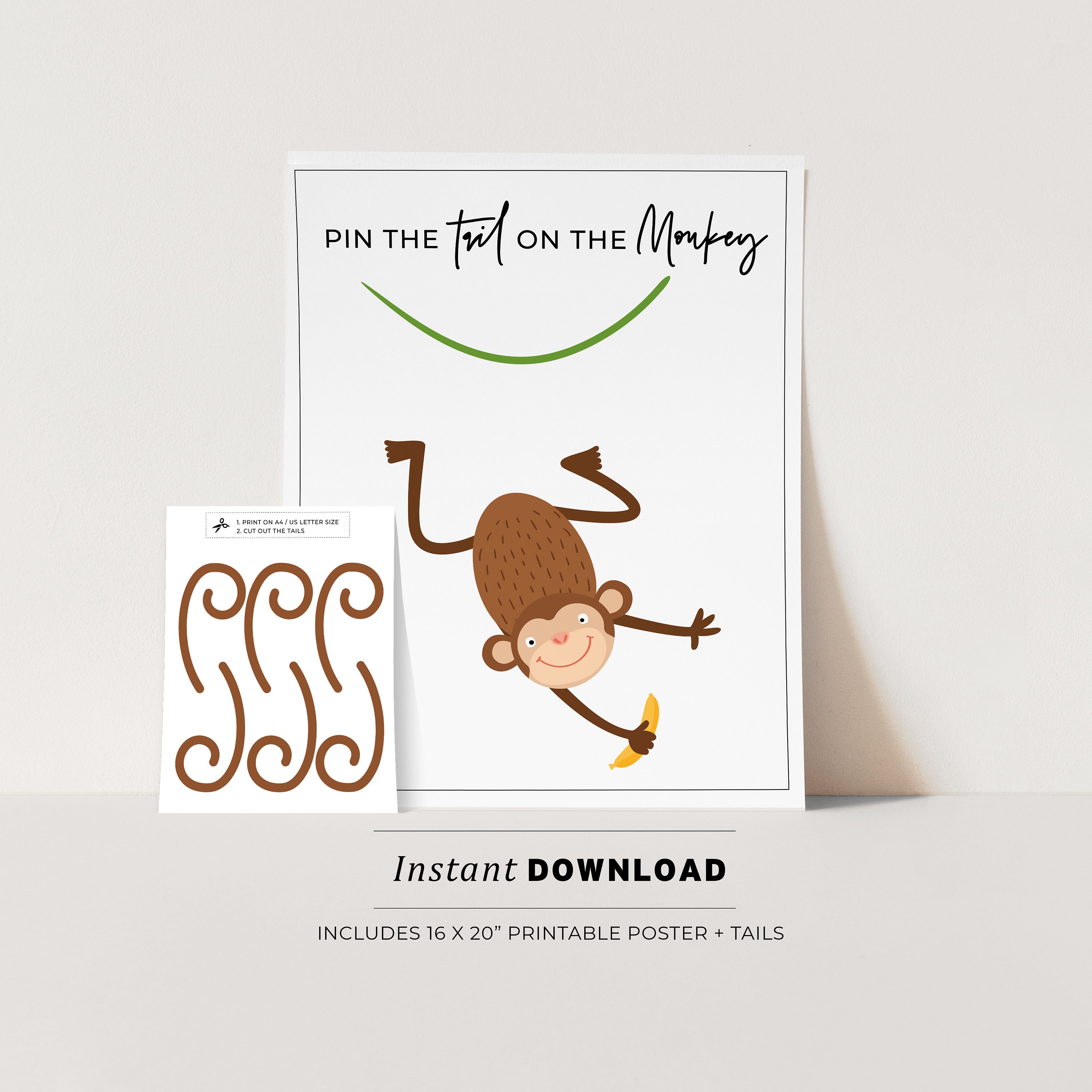 Pin The Tail On The Monkey Kids Party Game Printable Poster Birthday pin-the-tail-on-the-monkey-kids-party-game-printable-poster-birthday