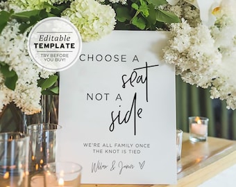 Juliette Minimalist 'Choose A Seat, Not a Side' Wedding Ceremony Sign, Printable | EDITABLE TEMPLATE #004