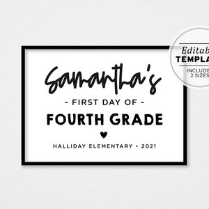 First Day of 4th Grade Sign Template, Back to School Printable, First Day Picture, First Day Photo Prop | EDITABLE TEMPLATE