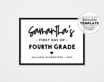 First Day of 4th Grade Sign Template, Back to School Printable, First Day Picture, First Day Photo Prop | EDITABLE TEMPLATE