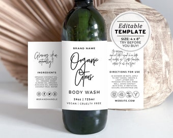 Minimalist Custom 24oz Bottle Wrap Around Label 725ml 4x8" | EDITABLE TEMPLATE #050 #043 Juliette