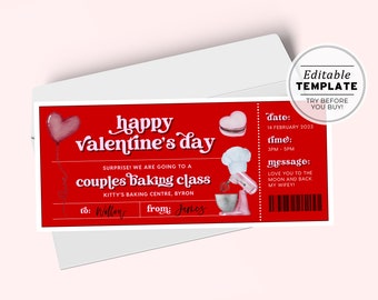 Printable Valentine's Day Gift Ticket Template, Baking Class Gift Certificate, Valentines Day Coupon | EDITABLE TEMPLATE #082