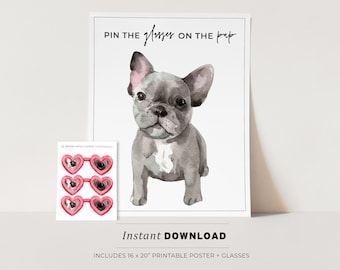 Pin the Glasses on the Frenchie Kids Party Game Printable Poster, Birthday Party Game, British Blue Cat INSTANT DOWNLOAD