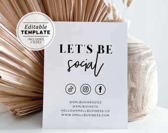 Minimalist Business Social Media Sign, Lets Be Social Sign, Small Business Printable | EDITABLE TEMPLATE #055 #043 Mr White