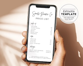 Electronic Price List Template, Digital Small Business Price List, Instagram Price List, iMessage Price List, Printable Editable #050 #043