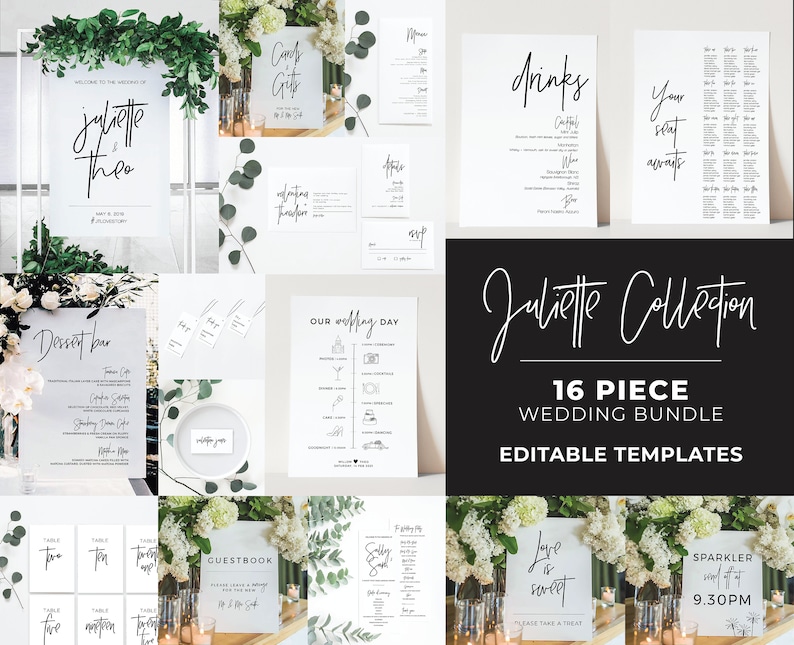 Juliette Minimalist Wedding Signs Bundle, Editable Wedding Templates, Printable Wedding Reception Signs, Wedding Reception Bundle 004 image 1
