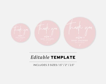 Blush Minimalist Round Sticker Baby Shower Favor Template - 3 Sizes: 1.5"/2"/2.5" | EDITABLE TEMPLATE #035