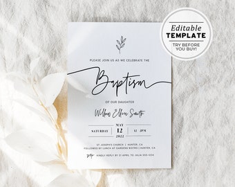 Willow Minimalist Baptism Christening Invitation, EDITABLE TEMPLATE, Printable #028