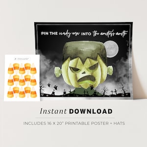 Halloween Pin the Candy Corn into Frankenstein&#39;s Monster&#39;s Mouth, Halloween Printable Poster, Halloween Party Game, INSTANT DOWNLOAD #080