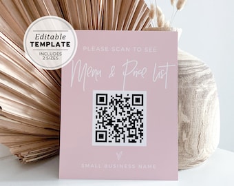 Blush Minimalist QR Code Menu and Price List Sign Template, Small Business Sign | EDITABLE TEMPLATE #051 #043