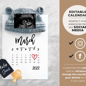 Pregnancy Announcement Digital, Social Media Due Date Calendar, Editable Template